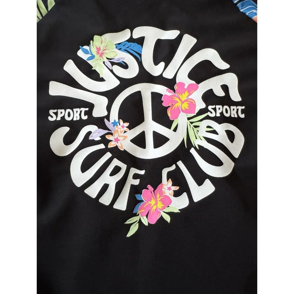 Justice Sport Girls XS 5/6 Rash Guard Swim Shirt Long Sleeve Floral Peace Lake